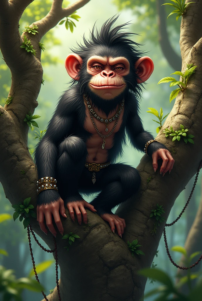 Chimpanzee ((praying)),,meditating,, in a dense jungle, he wears headdress with colorful feathers on his head, around him many wet flohagens after heavy rain