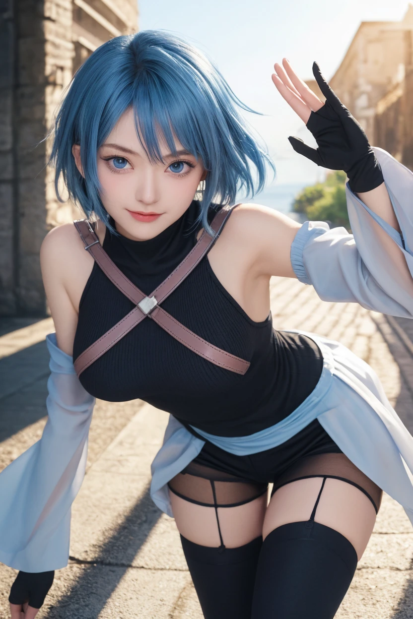 Movie Stills, ancient, Low angle shot, Ansel Adams style, Elegant girl with hairband, Nude:1.3, Wearing tights and cape, Her blue hair is flying, Colorful eyes sparkle, Imagine of Genshin Impact,Imagine \(Genshin Impact\), Long sleeves and gloves, The side hair modifies her face shape, Black over-the-knee stockings, Stand tall proudly, ancient city ruins, There is a lot of space around her, Symmetrical composition, Soft natural lighting, Canon Camera, 85mm lens, F2.8 aperture.