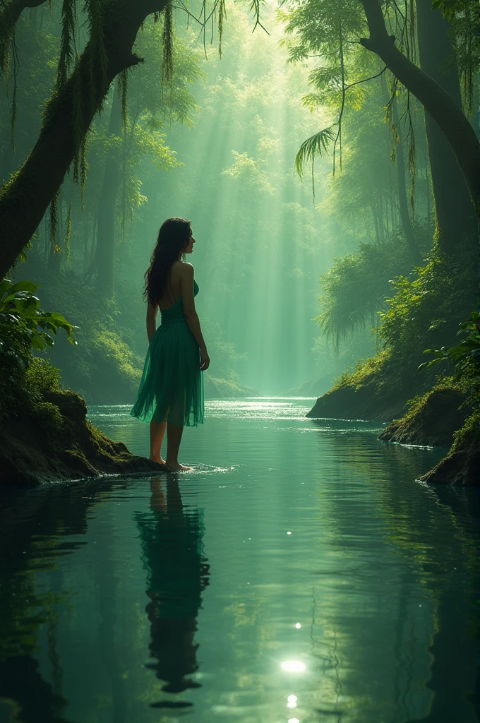 high quality, 8K Ultra HD, A beautifully porate with jungle, tree , water, please and natural  es  photo me tota ka photo add karo 
