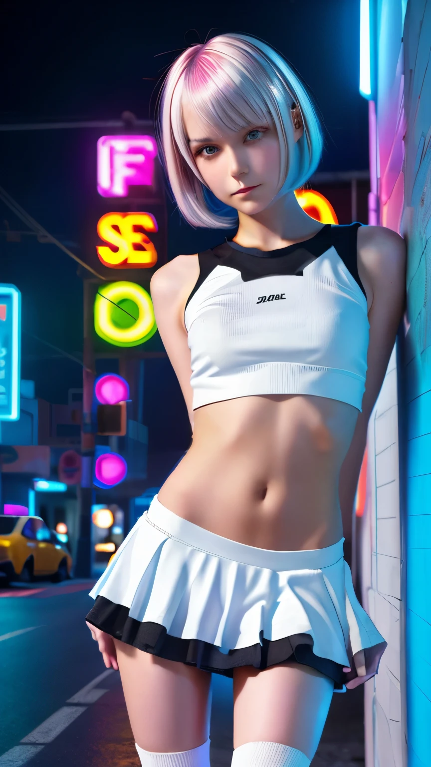 A colorful Bob cut haired punk canadian girl, smooth white skin, slender, skinny, cute face, innocent look, ultra high resolution, uhd, detailed cyberpunk outfit, wink, neon lighting, short skirt, colorful loose socks, athletic legs, vogue pose, modelling, beautiful detailed face