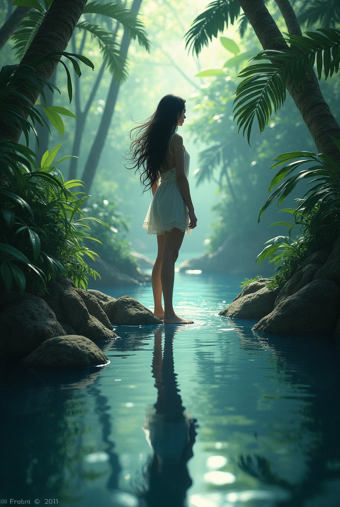 Deep beneath the river, there was a young woman wearing a light blue tube top, light-colored tight-fitting rubber pants, a beautiful face, long black hair. She said she was happy in the water. There were many large, dry trees standing underwater. Oil paintings, 3D paintings, art paintings by Professor Chalermchai.