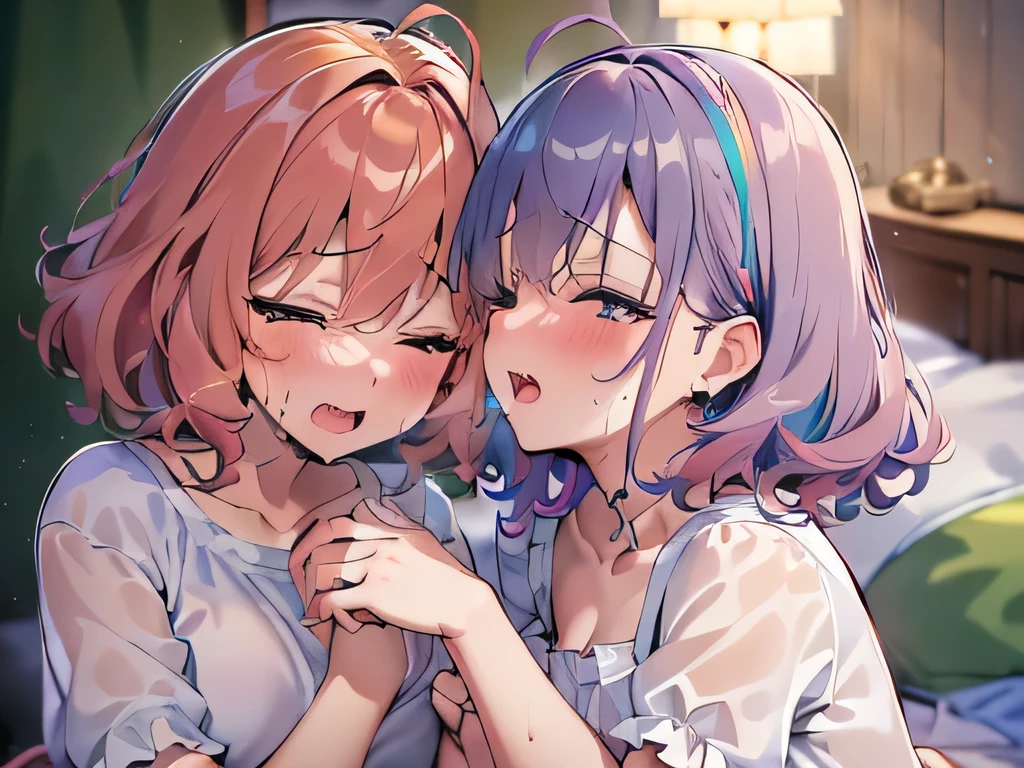 ultra-detailed、(8k, RAW photo, best quality, masterpiece:1.2), (extremely detailed 8k wallpaper),professional lighting,sharp focus, depth of field,((beautiful 2girls)),((Fluffy loungewear、Short shorts)),((fluffy short bob、rainbow colored curl hair、curly hair))、((painful、kiss)),(((orgasm)))、(((Hands on chest and groin)))、(bed)、((Sweating))