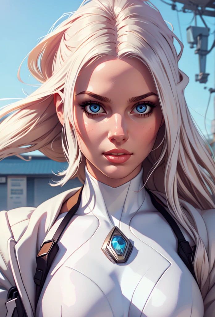 solo woman, white suit, beautiful eyes, half body, masterpiece, ultra high details