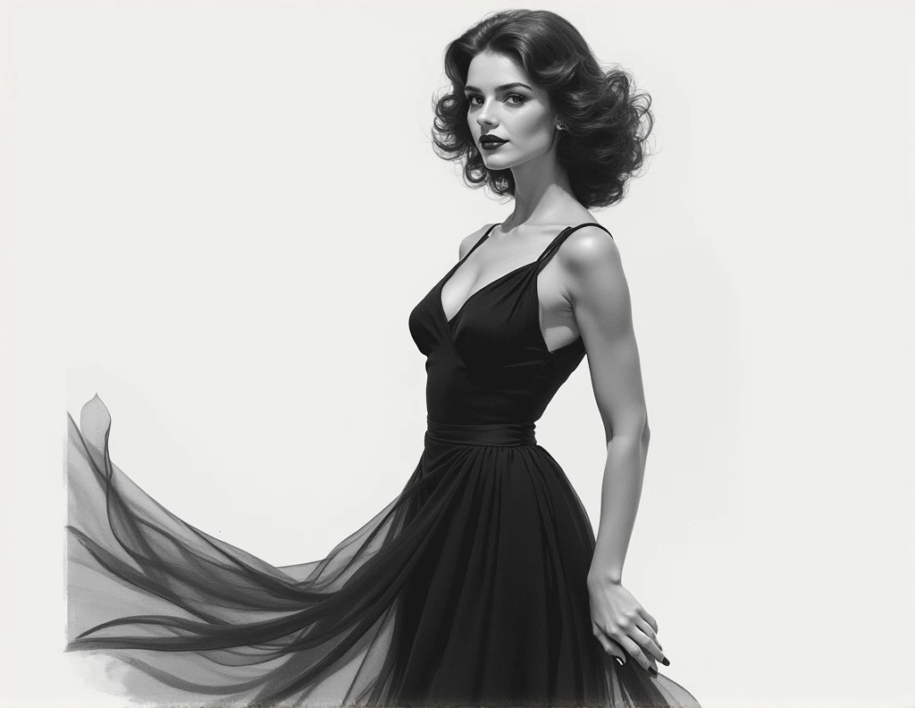 8K quality, watercolor painting, stylish design a black and white photo of a woman in a dress, a portrait by George Hurrell, flickr, art nouveau, old hollywood, portrait of paulette goddard, susan hayward, 1940s, 1 9 4 0 s, circa 1940s, gorgeous beautiful, elizabeth taylor, like rolf armstrong style, 1930s