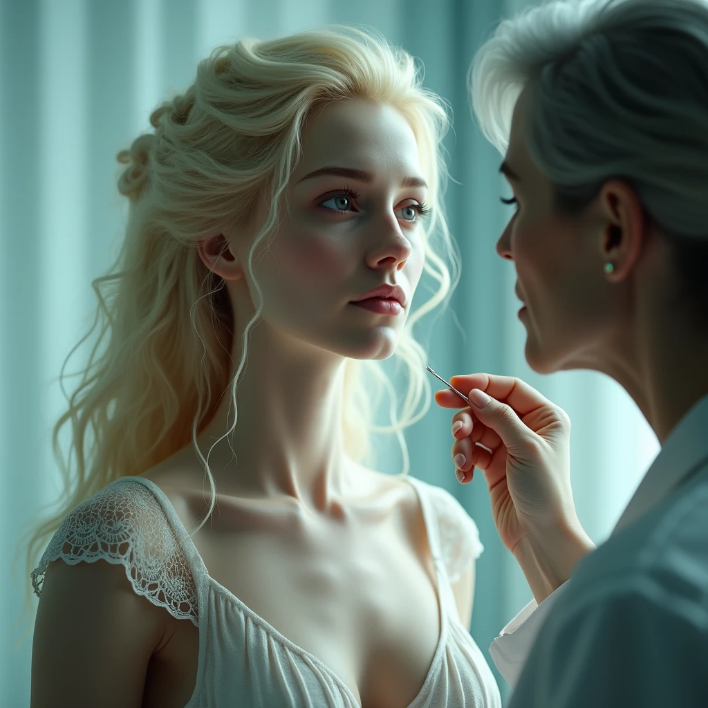 a young girl in a luxurious room, detailed face with tear mole, white skin, silver hair in ponytail and braid, looking at viewer, wearing a silk robe with hollow pattern, small breasts, slim body, professional lighting, photon mapping, radiosity, physically-based rendering, ultra high resolution, realistic, masterpiece