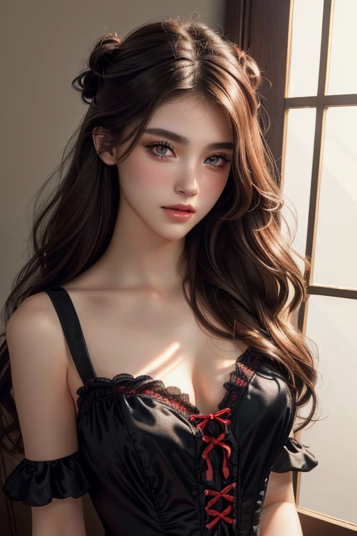 1girl, beautiful detailed eyes, beautiful detailed lips, extremely detailed eyes and face, long eyelashes, elegant victorian black dress with red ruffles and red lace, beautiful asian-european girl, photorealistic perfect body, ultra realistic, chestnut brown hair, beautiful female model, beautiful girl model, beautiful alluring teenage girl, extremely detailed body and face, photorealistic girl render, hyperrealistic teenager, Red yell eyes, big demonic horns, demon, demon girl (best quality, 4k, 8k, highres, masterpiece:1.2), ultra-detailed, (realistic, photorealistic, photo-realistic:1.37), HDR, UHD, studio lighting, ultra-fine painting, sharp focus, physically-based rendering, extreme detail description, professional, vivid colors, bokeh, wavy hair