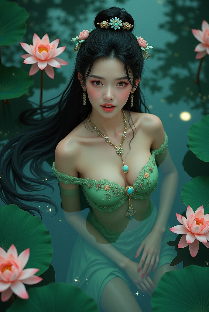 Naked Summer, Full Tattoo, (Masterpiece, Top Quality, Best Quality, Official Art, Beautiful and aesthetic: 1.2), (1 flower), full body, Extremely Detailed, (Fractal Art: 1.3), Colorful, More Detailed , "Best Quality", "Masterpiece, Sakimichan-style art, slight smile, legs open, pubic hair view, 1 sexy girl in transparent forest clothing, exposed breasts, open transparent T-shirt, Mandala and flower tattoos, Best Quality ,black hair fused with platinum and gold, naked girl, visible beautiful pubic area, pink pesons, small breasts in sight, water pond in the garden, mandala and flower tattoos on the naked body, old floating clock, lamp, lantern , skin wet with water, bed floating in pond, beautiful girl lying on bed, fantasy, view from above, open legs,