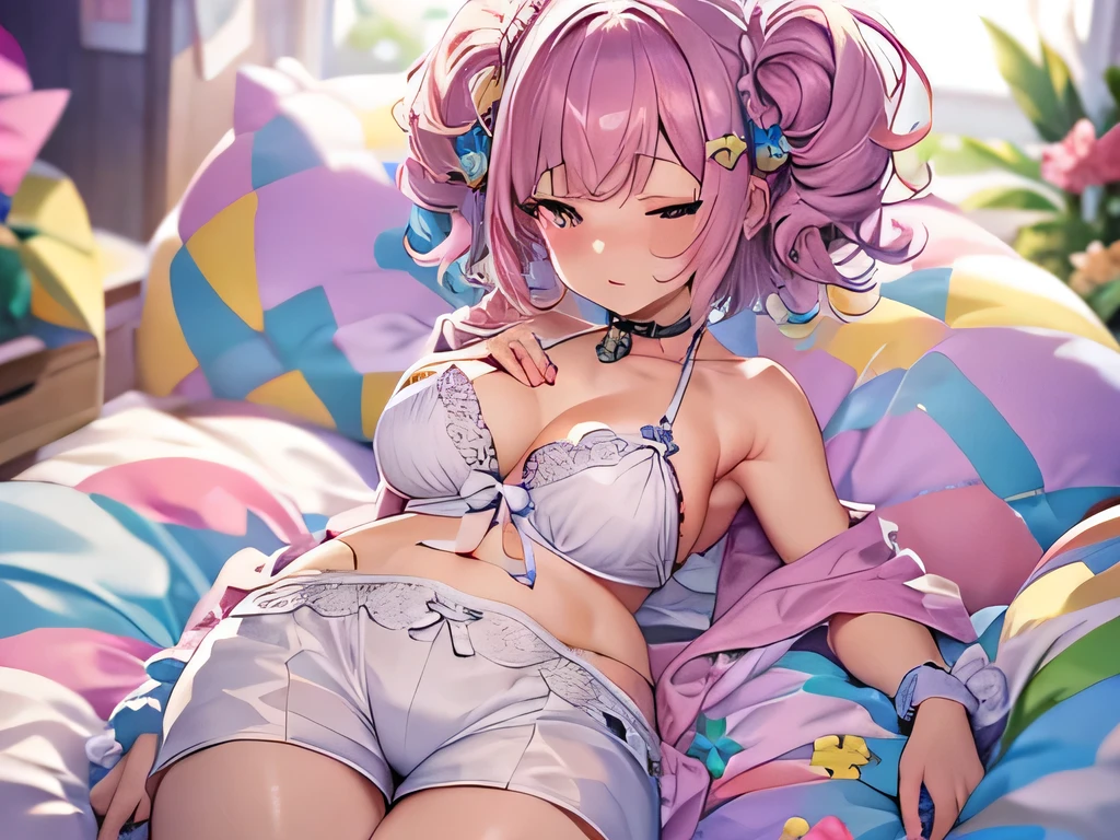 ((8k, Highest quality, masterpiece: 1.3)),Ultra-high resolution,(1 girl, alone), (Color changing eyes, Ultra-detailed, Expressive brilliance, Glitter, Glowing Eyes), Highly detailed eyes, Highly detailed face, Random Hair, ((pastel colour)), A playful young woman with pastel peach hair styled into twin braids, lying on her bed in her cozy bedroom during the golden light of early evening. She is wearing a purple bikini, and just as she starts to roll over, (the string of her bikini top suddenly comes undone, causing it to fall open slightly). Her eyes widen in shock, and her cheeks flush pink as she quickly presses the top against her chest with both hands. The camera captures her from a top-down angle, focusing on her flustered expression and the way she holds the top, with the soft, golden light creating a warm and intimate atmosphere in the room(She puts her hand inside her bikini and touches her pussy:1.2)