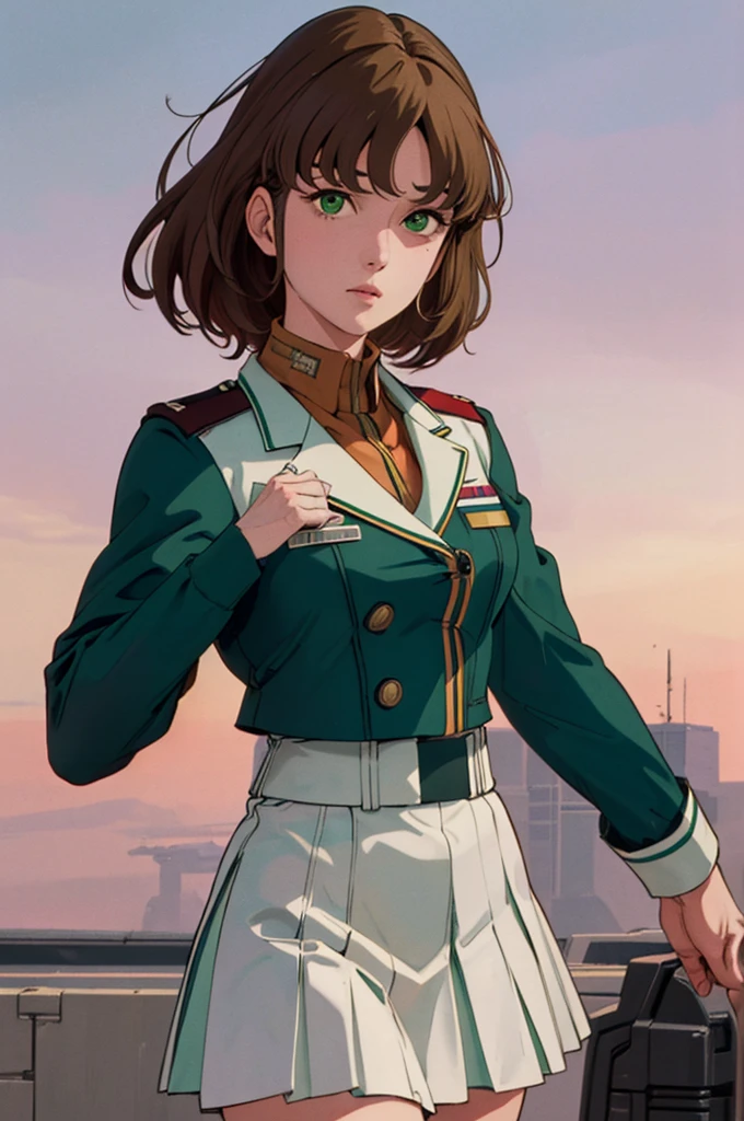 masterpiece,best quality,highres,Hayase Misa,brown hair,green eyes,1girl,solo,1980s \(style\),cowboy shot,looking at viewer,uniform,military uniform,military,white skirt,futoshi slim,fighter jet,long sleeves, realistic anime, ultra detailed, gorgeous details, 8k