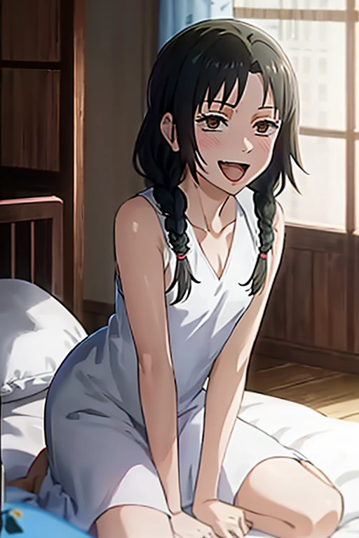 ((Best Quality)), ((masterpiece)), (be familiar with), Perfect Face, indoor, bedroom, Watching the audience,
One woman, Tennariko,
Open Mouth, Ecstatic expression, blush, smile,
Small breasts, Flat Chest, , , child, Girl,
Long Hair, Braids,
Leg spread,