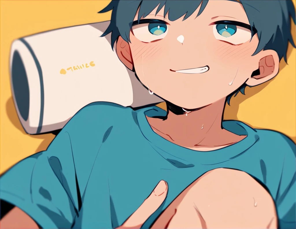 chico, shota, looking at the camera, lying down, open legs, no NSFW, ageao, sweaty, beautiful, flat colors, smiling, mischievous 