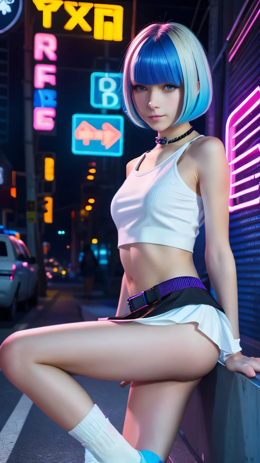 A colorful Bob cut haired punk canadian girl, smooth white skin, slender, skinny, cute face, innocent look, ultra high resolution, uhd, detailed cyberpunk outfit, wink, neon lighting, short skirt, colorful loose socks, athletic legs, vogue pose, modelling, beautiful detailed face