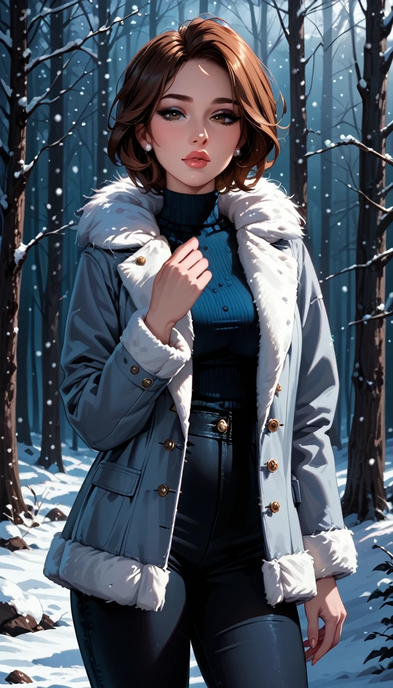 score_9, score_8_up, score_7_up, rating_questionable, cinematic film still, epiCPhoto 1girl, solo, very sexy (Aunt Cass, brown hair, short hair, winter coat, trousers:1.2), navel, narrow waist, wide hips, standing in a beautiful snowy forest, beautiful, graceful, elegant, flirt, gaze, sexy look, half-closed eyes, head tilt, filled lips, thick lips, makeup, modelling shoot, sexy poses, beautiful scene, highly detailed, detailed eyes, detailed face, absurdres, 4k, masterpiece, best quality, dark, moody, (dimly lit:1.4), highly detailed background, anatomically correct, perfect anatomy, Hand, detailed, perfect, perfection hands