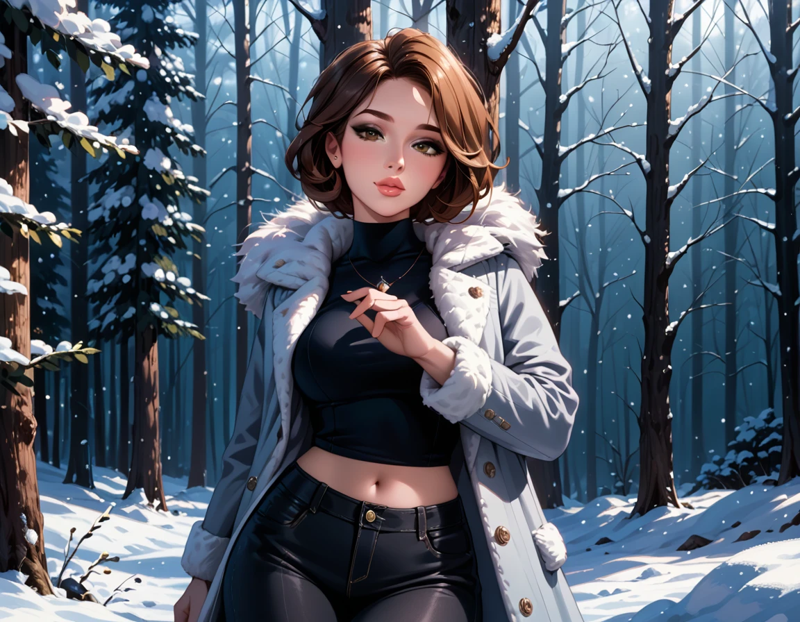 score_9, score_8_up, score_7_up, rating_questionable, cinematic film still, epiCPhoto 1girl, solo, very sexy (Aunt Cass, brown hair, short hair, winter coat, trousers:1.2), navel, narrow waist, wide hips, standing in a beautiful snowy forest, beautiful, graceful, elegant, flirt, gaze, sexy look, half-closed eyes, head tilt, filled lips, thick lips, makeup, modelling shoot, sexy poses, beautiful scene, highly detailed, detailed eyes, detailed face, absurdres, 4k, masterpiece, best quality, dark, moody, (dimly lit:1.4), highly detailed background, anatomically correct, perfect anatomy, Hand, detailed, perfect, perfection hands