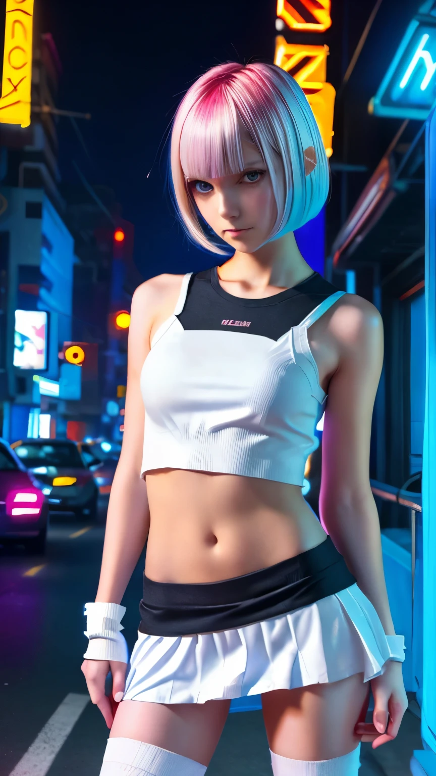 A colorful Bob cut haired punk canadian girl, smooth white skin, slender, skinny, cute face, innocent look, ultra high resolution, uhd, detailed cyberpunk outfit, wink, neon lighting, short skirt, colorful loose socks, athletic legs, vogue pose, modelling, beautiful detailed face