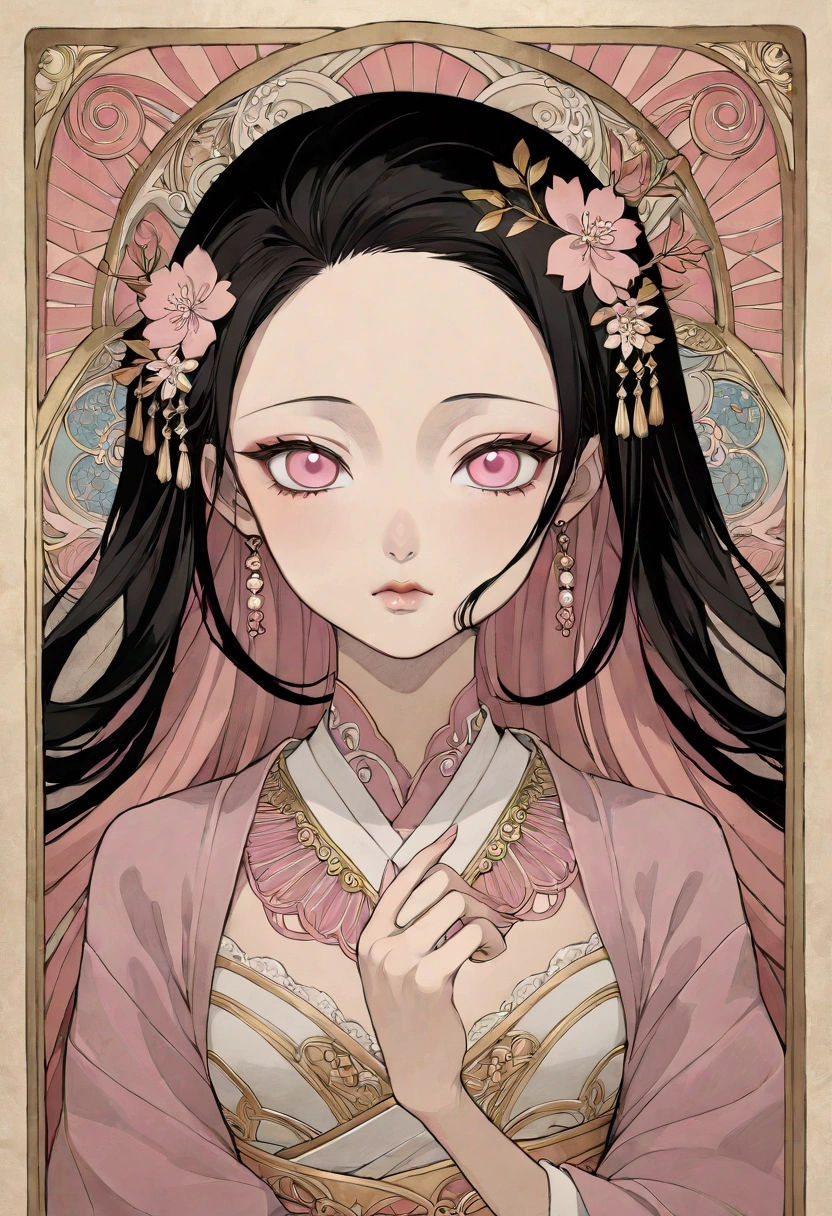 ((best quality)), ((masterpiece)), (detailed), ((perfect face of Nezuko Komado)), surreal, art nouveau, in the illustrative style of moebius, fantasy, ethereal, ornate gold details, (ornate gold border), graphic novel, line drawing, japanese, traditional, vintage, elegant, chic, sophisticated, tattooed face, vibrant pinks, stark blacks, gold details, portrait, black hair with pink highlights, big pink eyes, ulzzang, 
