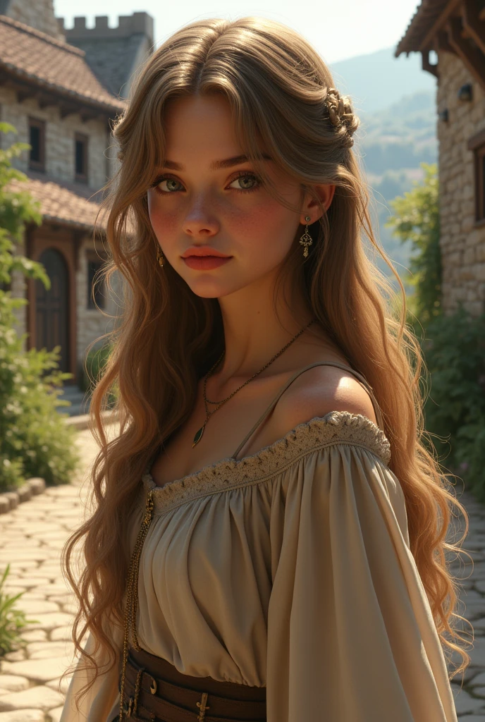 ((high resolution)), pale skin, freckled, brunette girl, ((small breasts)), long curly hair, as a fantasy priestess, sun shining behind head, in the style of William-Adolphe Bouguereau