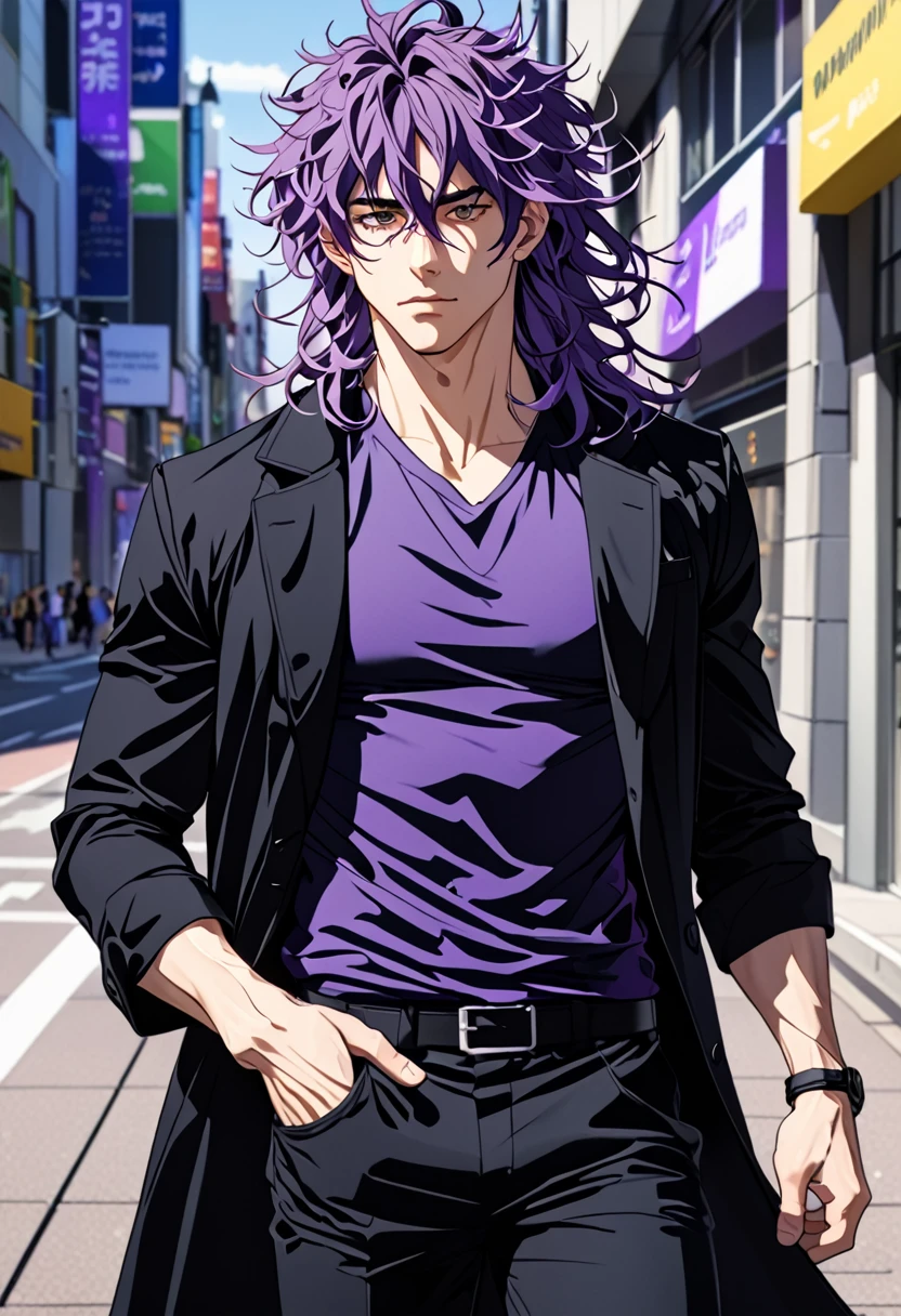 Man with messy hair, violet irises, athletic build, wearing a black shirt, black pants, black overcoat
