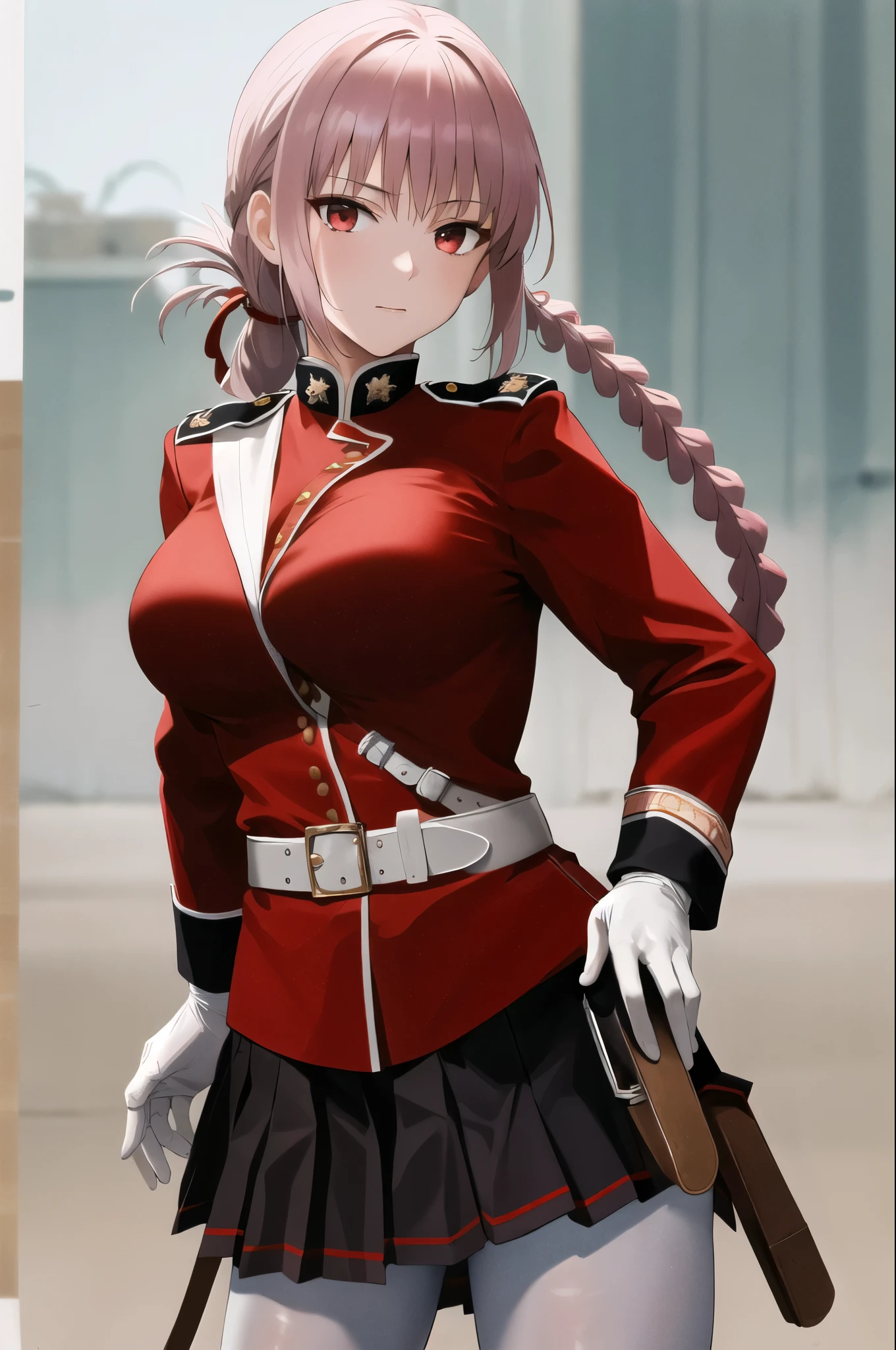 masterpiece, best quality, highres, aafng, braid, large breasts, military uniform, red jacket, strap between breasts, white gloves, belt, pleated skirt, black skirt, white pantyhose, cowboy shot, standing, outdoors, looking at viewer, arms at sides, straight-on,