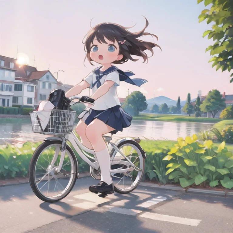 (masterpiece, Ultra-high resolution，Best Quality:1.2), reality、Very short stature， By bike，Alone、Female junior high school student，Summer clothes、Fluttering skirt，positive，whirlwind，Riverside at dusk、Beautiful sunset，