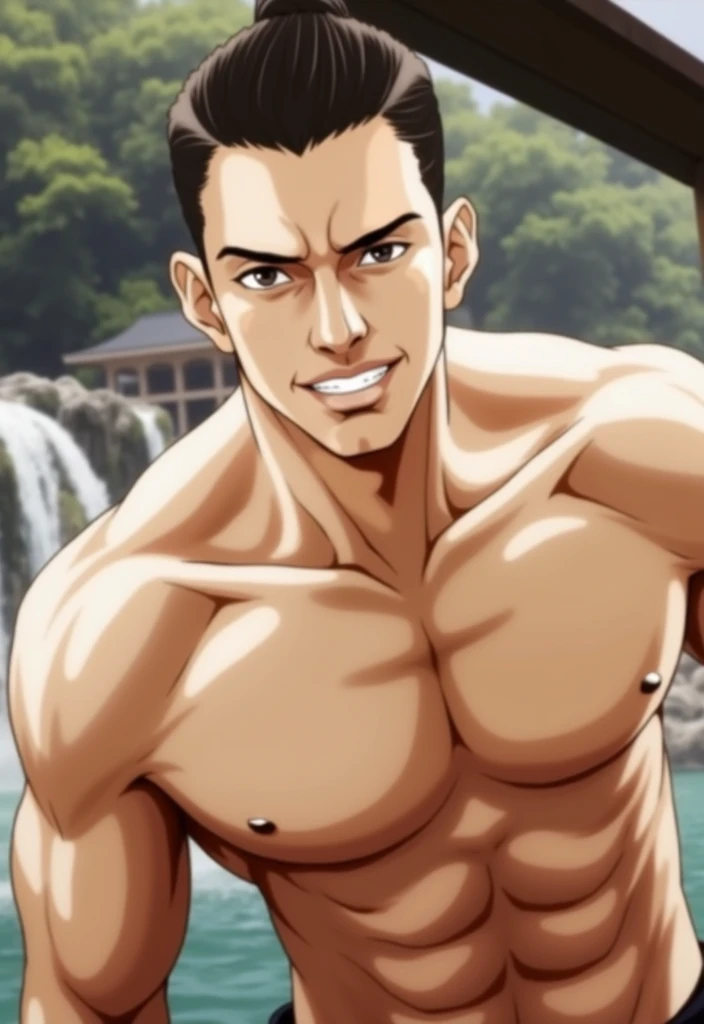 masterpiece,high quality,solo,
<lora:koichiroota001:0.7>,
koichiroota,1man,
short hair,black hair,bangs,hair over one eye,v-shaped eyebrows,
sunglasses,
cane,stick,
shirtless,shorts,beach,ocean,sunshine,