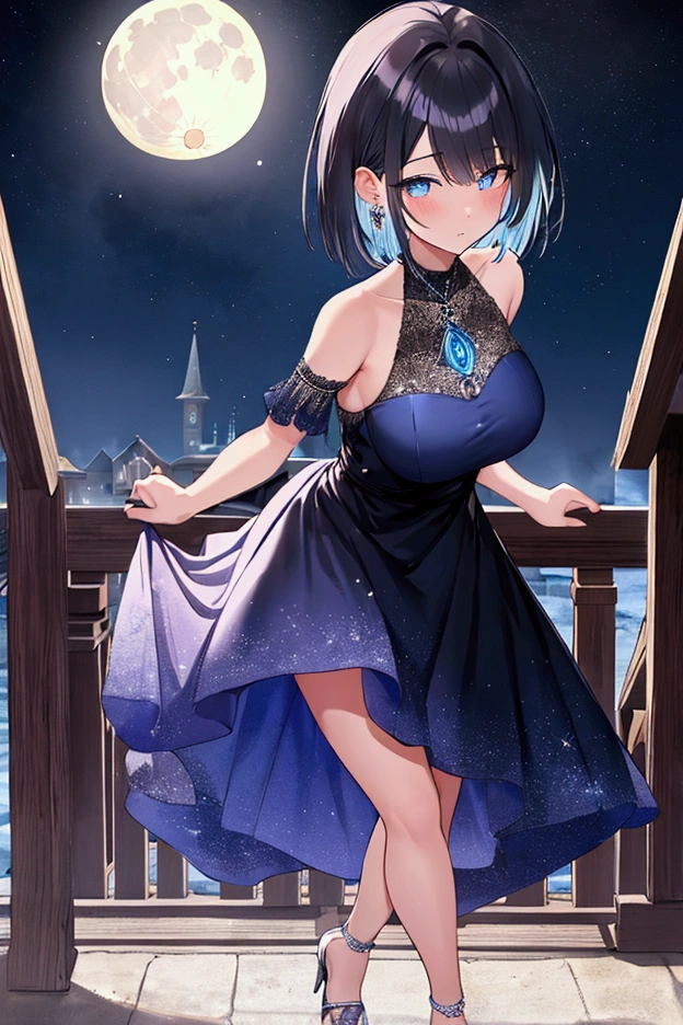 Full body image, night, ((1. Adult women)), alone, Adult women, Baby Face, masterpiece, 8K wallpaper, High resolution, Absurd, High Quality Backgrounds, Short Hair, Black Hair, Multicolored Hair, Big Breasts, Slim body, Beautiful frozen village, (Bright full moon), Blue Dress, Detailed dress, Jewelry mini Dress, (magic:1.2), blue fire, blue eyes, Glowing Eyes, Attention to detail