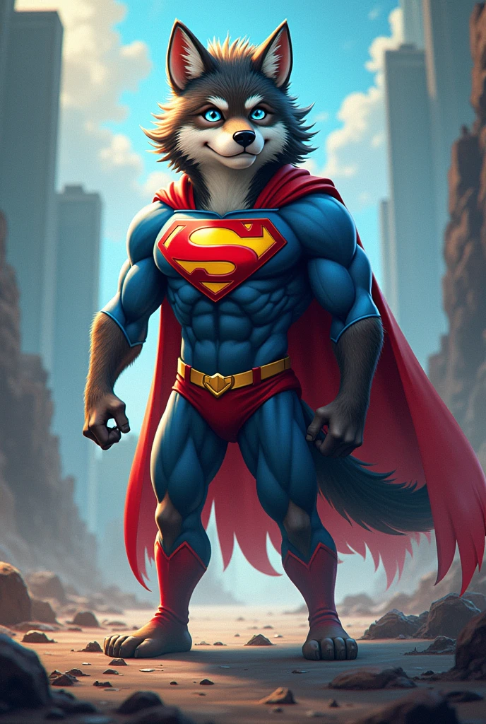 a muscular brown wolf wearing a superman costume a big bulge under his costume, e621 kenket art style