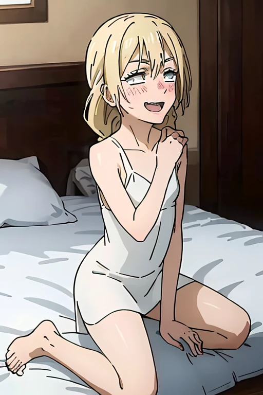 fgomordred, modred, (green eyes:1.5), blonde hair, ponytail, short hair, scrunchie, red scrunchie, hair scrunchie, (small breast:1.2), BREAK blonde hair, BREAK looking at viewer, BREAK outdoors, BREAK (masterpiece:1.2), best quality, high resolution, unity 8k wallpaper, (illustration:0.8), (beautiful detailed eyes:1.6), extremely detailed face, perfect lighting, extremely detailed CG, (perfect hands, perfect anatomy), house, bed, nude, breasts, desnudo