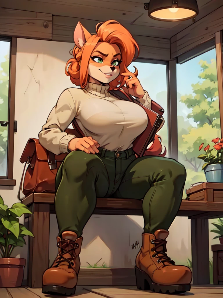 (best quality,4k,8k,highres,masterpiece:1.2),ultra-detailed,realistic:1.37,portrait,anthro bandicoot girl redhead, braided hair, beautiful green eyes, relaxing moment, sexy ,seductive, warm sweater, camouflage pants, army boots, smirking, cozy lighting, vibrant colors , girl anthro , sweater, camouflage pants, army boots, hands to boots