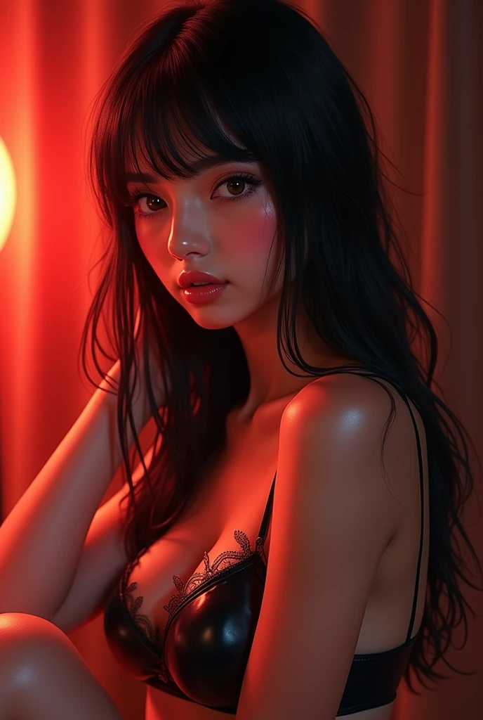 20 years old, hd, beautiful chinese girl, black hair, very long hair, straight hair, closed mouth,1girl, detailed face, beautiful woman's face, naked , full body, plumpy, red background, looking to viewer,