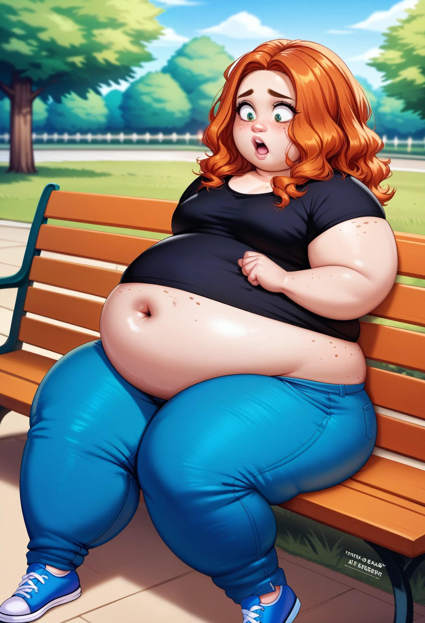 A Cute sitting photo of a Beautiful ginger BBW, with long wavy light Brownish-ginger hair, freckled body with big soft fat belly, thicc fat arms, thicc wide legs, small breasts, lot of freckles on arms, in long jeans, cute black top, light blue shoes, sitting on a bench in a park, shocked emotions, puffed arms puffed legs, puffed belly, (puffed belly button), belly inflation 