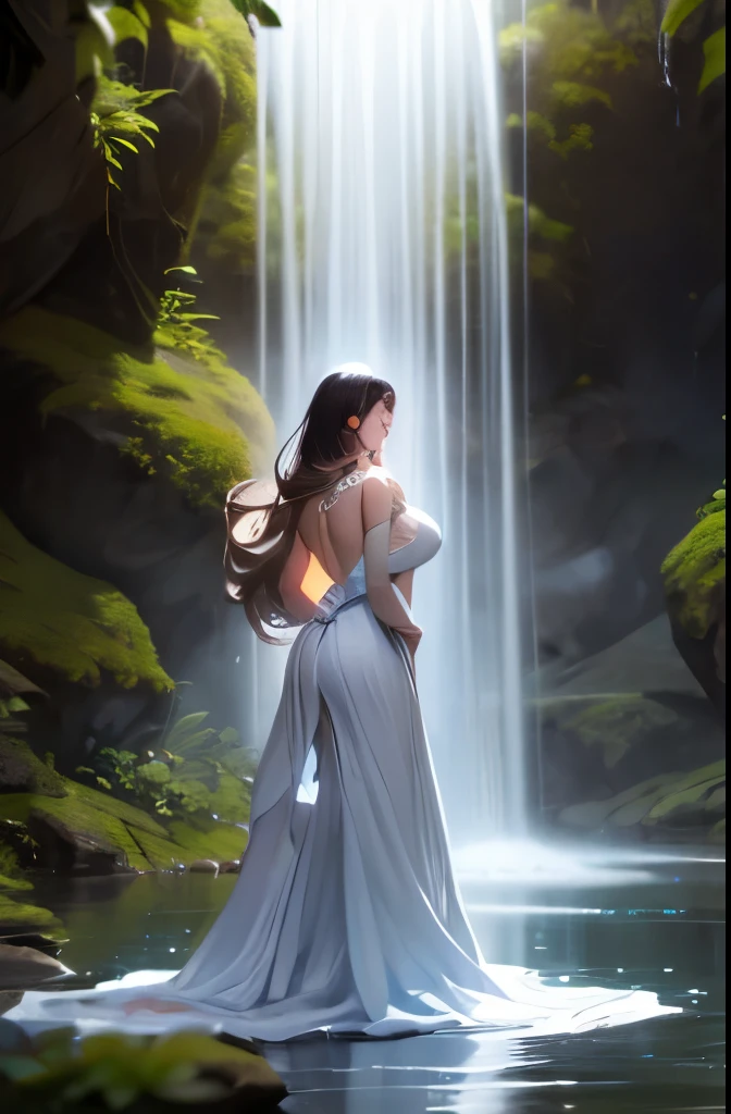 (full body picture,full body display),((epic composition,Waterfall in the forest,A woman wearing a flowing white gauze skirt,water goddess,There is a pair of water wings behind him,whole body xianxia,Shoot from behind,from below,Rich scene details,Water mist,flying water splash,Blue sky)),(25 years old,Excited expression,Open your mouth,sexy,enjoy,raised nipples),((anatomically correct,8k, super detail, UHD, masterpiece, super detail, high details, high quality, award winning, best quality, highres, 1080P, HD, 4K, 8k, ccurate)), wet hair,detailed face, detailed eyes, detailed hands,elf woman, detailed HANDS
