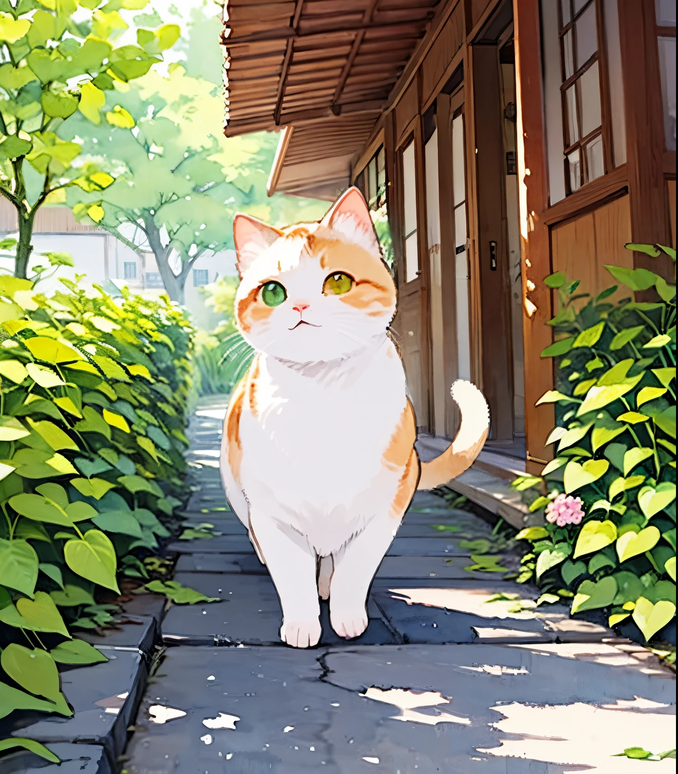 (masterpiece),(Best Quality),(Very detailed),(High resolution),((Line art)),((watercolor)),16k,wallpaper,三毛猫のVery detailedな絵、Insane Details、Very detailed猫、My house where a calico cat roams、Calico Munchkin cat walking on the promenade、Old townscape of Japan、A path lined with plants、tree々The sunlight shines in、Another World、The creation of silence、Long Shot、The subject is small、Cunning gestures，