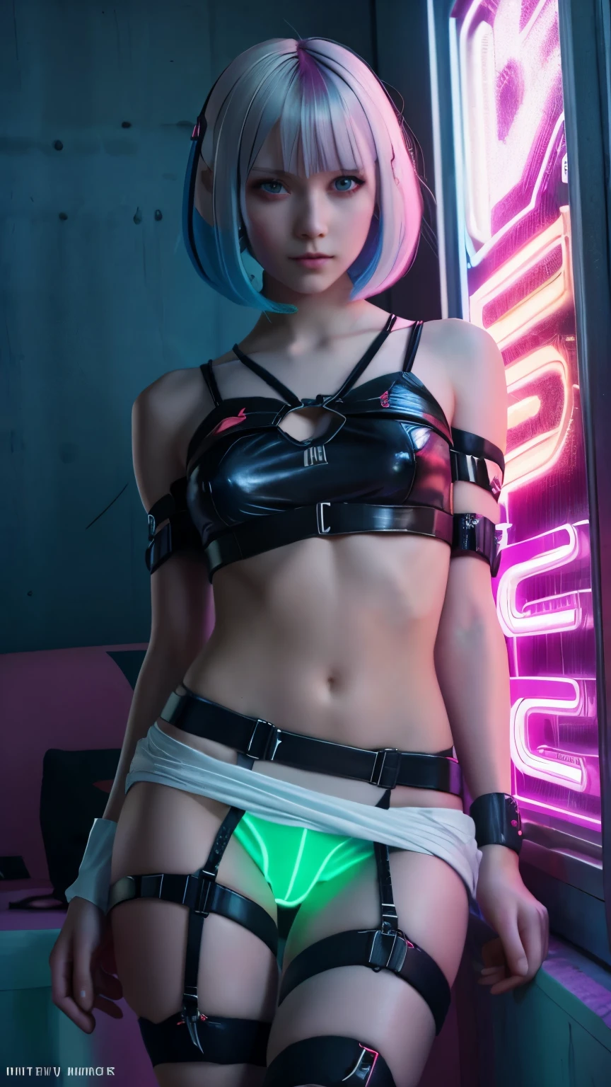 A colorful Bob cut haired punk canadian girl, smooth white skin, slender, skinny, cute face, innocent look, ultra high resolution, uhd, detailed cyberpunk outfit, wink, neon lighting, short skirt, colorful loose socks, athletic legs, vogue pose, modelling, beautiful detailed face, shibari, bound, straps