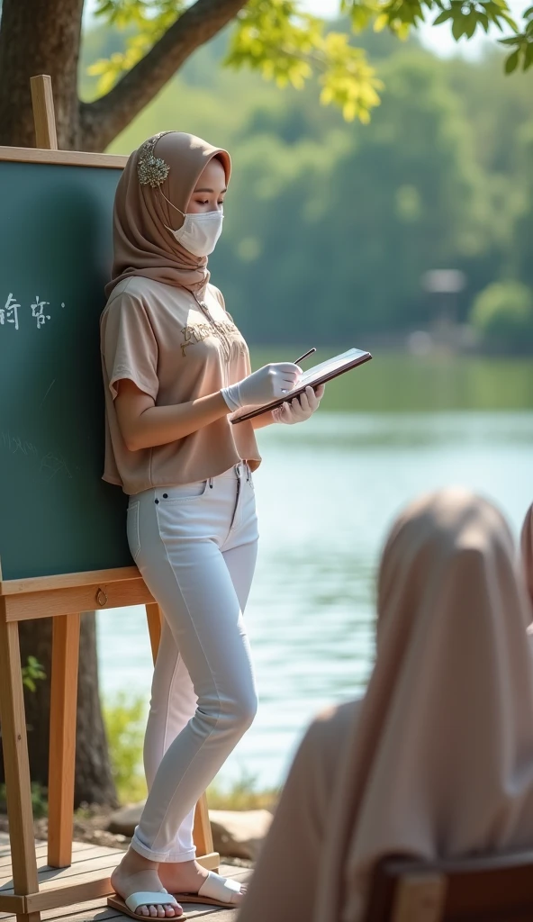 with black headscarf, white long sleeve t shirt, black sweatpants, white socks, Sexy woman talking to her friends in the garden.