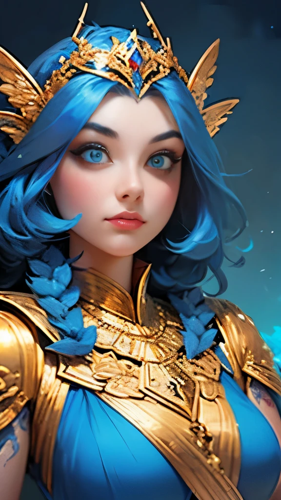 A close up of a woman with blue hair wearing a gold crown - SeaArt AI