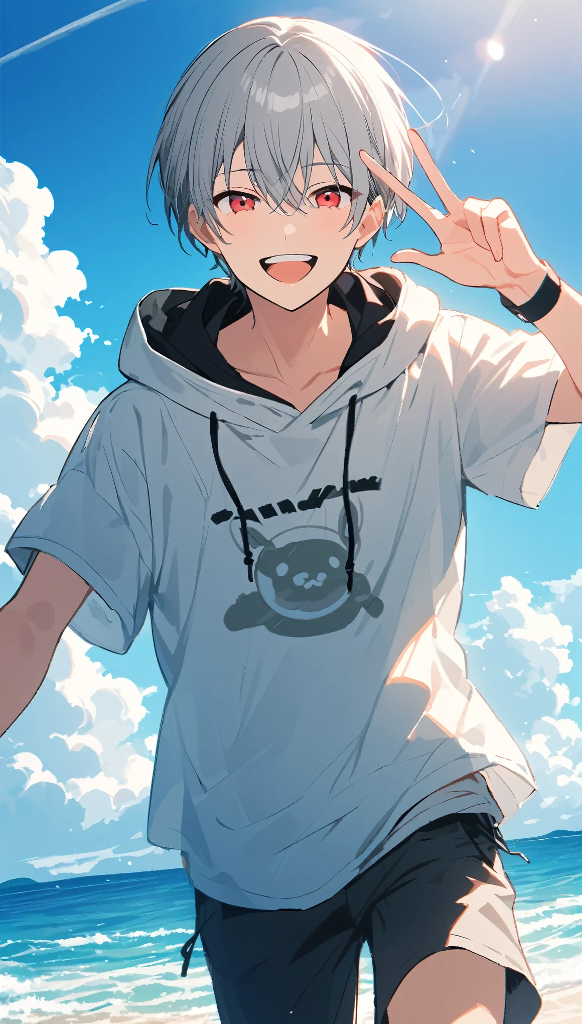 good looking, Alone, 1 male, Gray Hair, Red eyes, shirt, Black and white hooded, noon, White Light,cute目,Short hairstyle,cute,Falling from the sky,綺麗なsummerの空,Lots of white clouds,summer,sea,A sparkling view,bright,Blue Sky,Looking at the camera,Making a peace sign,smile,Laughing,