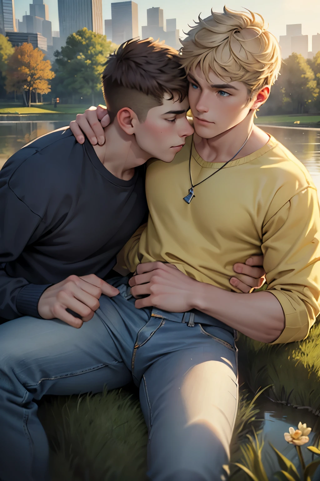 Two men, photo realistic.  A 1, handsome, lean man with short-cut, blond hair and blue eyes, wearing a brown sweatshirt, and khaki pants, sitting in the lap of a 1, handsome, athletic, Caucasian man with short, shaved brown hair, and blue eyes, wearing a blue and yellow jersey, and jeans, kissing, groping each other, laying on a grassy field, by a pond in a large city park, at night.  Masculine, erotic, sexy, romantic, love, huge bulge.