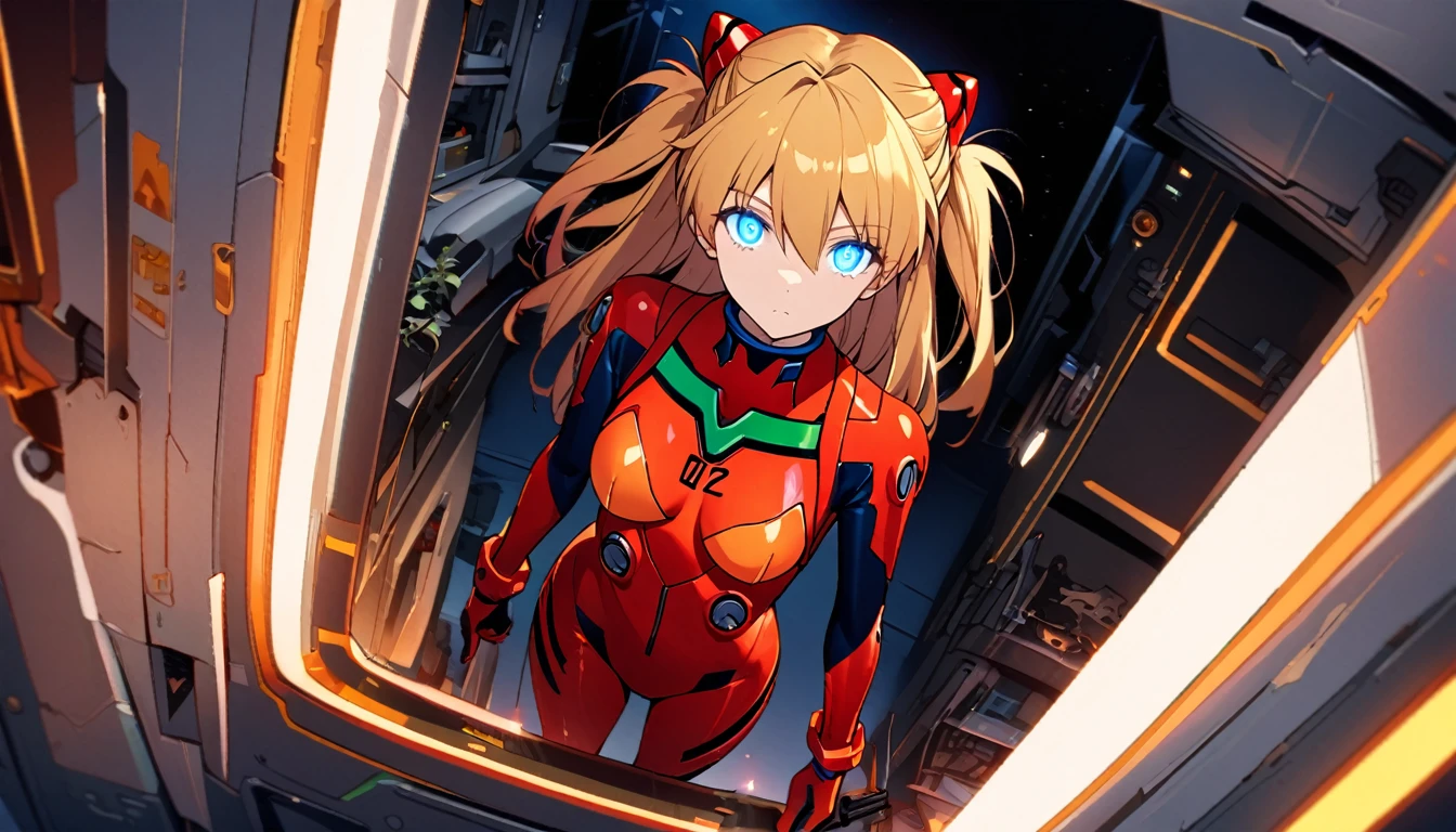 (Overhead view),dynamic angle,ultra-detailed, illustration, close-up, straight on, 1girl, 
 ((souryuu asuka langley, interface headset, red bodysuit:1.4, blonde)),Her eyes shone like dreamy stars,(glowing eyes:1.233),(beautiful and detailed eyes:1.1),(expressionless,closed mouth),(standing), 
(mechanic room with toolsand spaceship windowin a white SPACESHIP),
(night:1.2),dreamy, [[delicate fingers and hands:0.55]::0.85],(detail fingers),