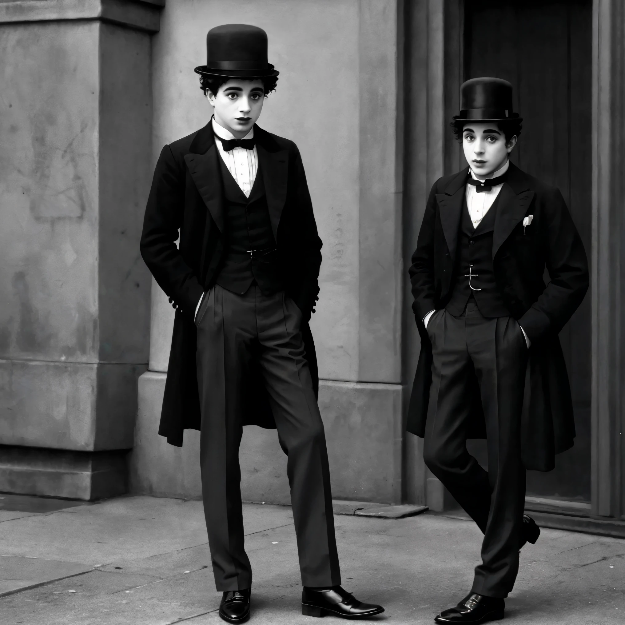 Charly Chaplin in suit with cane and bowler hat