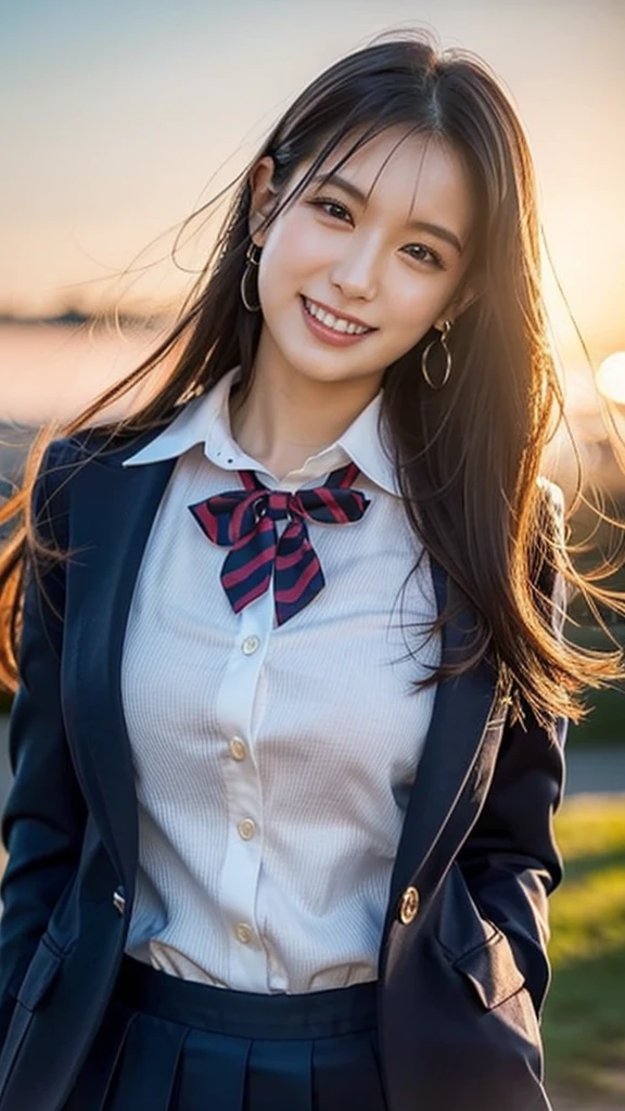 (1 Korean star with royal sister style), ((Best quality, 8K, 巨作: 1.3)), focal point: 1.2, Perfect body beauty: 1.4, (Smile), (Sunset: 1.3), Watery eyes, highly detailed face and skin textures, Fine eyes, Double eyelids, Whitens the skin, (Long hair, Air bangs: 1.3), (Round face: 1.5), (Uniform: 1.4), (Sunset,Stand in the park: 1.6),(Black stockings: 1.4),(film grain style:1.3),a sense of atmosphere
