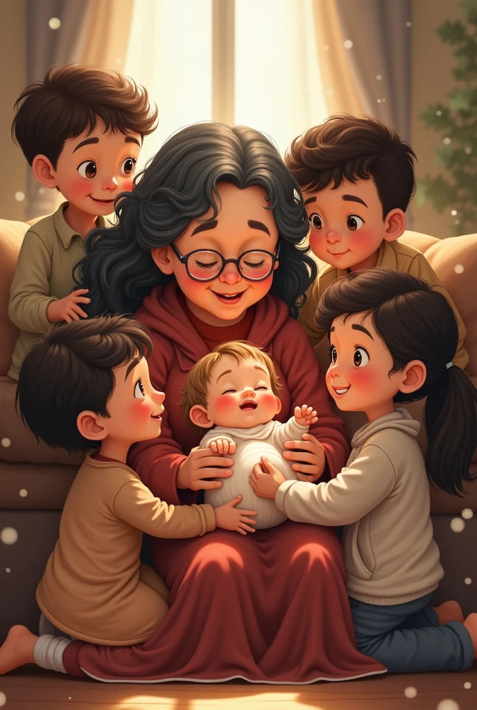 Cartoon Mexican grandmother with teenage grandson and newborn granddaughter