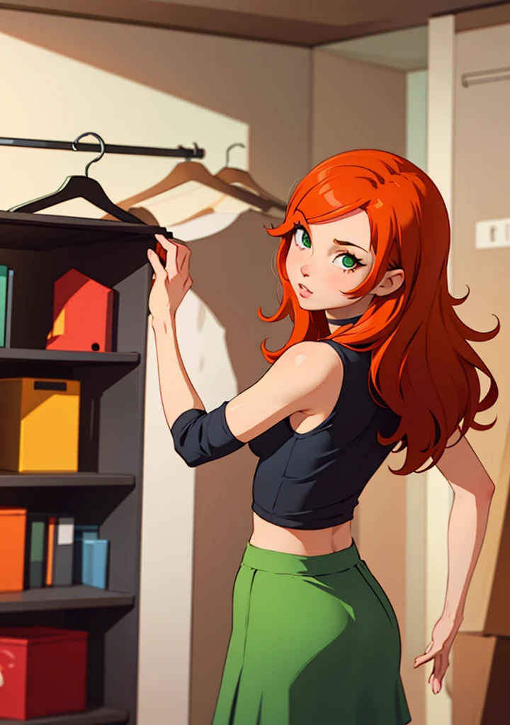 score_9, score_8_up, score_7_up, detailed soft lighting, BREAK 1girl, solo, Kim Possible, (orange-red hair:1.5), looking at viewer, parted lips, wearing (cute green skirt and choker:1.2), beautiful woman, (clothing boutique fitting room:1.2), various model poses, (three quarter shot:1.0), high budget, (masterpiece, best quality, highly detailed, beautiful), rear view.