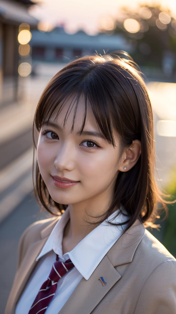 (One Girl), ((Medium Hair,School Blazer Uniform,Looking into the camera,)), (Beautiful Japanese Idol Portrait Photos), (Sunset sky,School building,Schoolyard), (RAW Photos, Best Quality), (Realistic, photo-Realistic:1.4), masterpiece, 8K Portrait, Very delicate and beautiful, 非常にdetailed, 2k wallpaper, wonderful, detailed, 非常にdetailed CG unity 8k wallpaper, 非常にdetailed, High resolution, Soft Light, 美しいdetailedな***, 非常にdetailed eyes and face, Beautiful and sophisticated nose, Beautiful attention to detail, Cinema Lighting, Perfect Anatomy, Slender body, Small breasts, (smile), Dynamic Angle, (Elegant and sophisticated atmosphere)