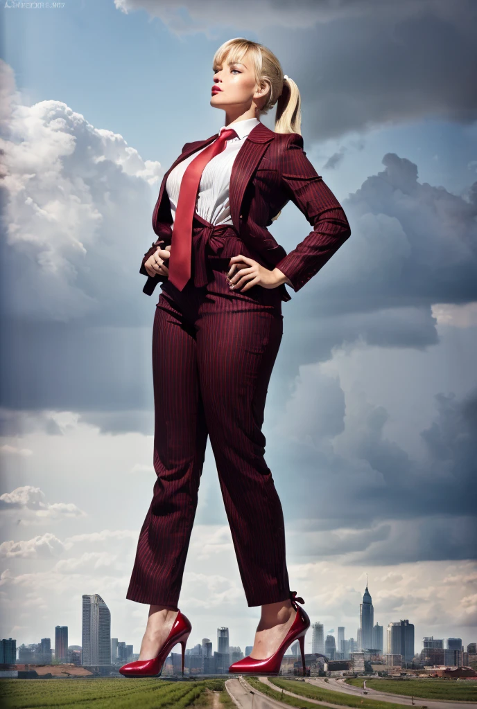 a teenage girl with beautiful curves, a massive curvy thighs, blonde ponytail, red lips wearing a perfect blue pinstriped trouser suit and blazer with a ((massive thick and  massive windosr knot crimson tie)), white shirt covering massive breasts, bare feet in platform high heels, walking towards camera, standing, giantess art, highly detailed giantess shots, giantess, most detailed, perfect face, two legs, five fingers, short hair, a girl who is bigger than a skyscraper, standing on very small city, skyscrapers at their feet, skyscrapers small, smile, huge breasts, major metropolis, numerous destroying cities, under heavy attack, a very small big city, miniature metropolis, full body description, GTS, giga giantess, gigagts, stomping city, crash city, tiny city, micro city, high resolution, highest quality, masterpiece, tiny destroyed skyscrapers city, illustration, skyscrapers sized under her heels standing very far away, (masterpiece, best quality, best shadows, best shading, perfect hands, perfect face, cinematic lighting, colorful, ultra-detailed, beautiful photography, character focus, extremely-detailed, photorealistic, hyper photorealism, atmospheric), (rural destruction:1.7), (giantess, stereotypical office boss), (dirty, filthy, unwashed, sweaty, unkempt, angry, tired, exhausted, annoyed), ((walking, mid stride:1.2, stepping down on:1.2, stomping, crush, rampage)), (black patent Louboutin pointed toe pumps, high heels, stiletto heels), ((crisp white blouse,)), ((long ponytail hair with front bangs)), (high altitude photography, satellite view), (curvy, heaving bosom, legs), (urban sprawl, farmland and small towns, destruction, buildings, roads), (((cloudy, overcast, clouds and atmosphere partly obscuring the subject:1.2, hazy atmosphere, haze in foreground, wispy clouds)))