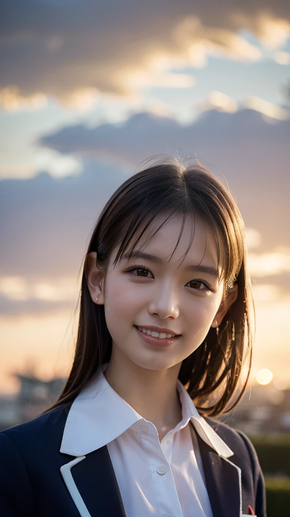 (One Girl), ((Medium Hair,School Blazer Uniform,Looking into the camera,)), (Beautiful Japanese Idol Portrait Photos), (Sunset sky,School building,Schoolyard), (RAW Photos, Best Quality), (Realistic, photo-Realistic:1.4), masterpiece, 8K Portrait, Very delicate and beautiful, 非常にdetailed, 2k wallpaper, wonderful, detailed, 非常にdetailed CG unity 8k wallpaper, 非常にdetailed, High resolution, Soft Light, 美しいdetailedな***, 非常にdetailed eyes and face, Beautiful and sophisticated nose, Beautiful attention to detail, Cinema Lighting, Perfect Anatomy, Slender body, Small breasts, (smile), Dynamic Angle, (Elegant and sophisticated atmosphere)