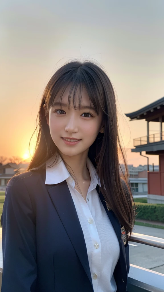 (One Girl), ((Medium Hair,School Blazer Uniform,Looking into the camera,)), (Beautiful Japanese Idol Portrait Photos), (Sunset sky,School building,Schoolyard), (RAW Photos, Best Quality), (Realistic, photo-Realistic:1.4), masterpiece, 8K Portrait, Very delicate and beautiful, 非常にdetailed, 2k wallpaper, wonderful, detailed, 非常にdetailed CG unity 8k wallpaper, 非常にdetailed, High resolution, Soft Light, 美しいdetailedな***, 非常にdetailed eyes and face, Beautiful and sophisticated nose, Beautiful attention to detail, Cinema Lighting, Perfect Anatomy, Slender body, Small breasts, (smile), Dynamic Angle, (Elegant and sophisticated atmosphere)