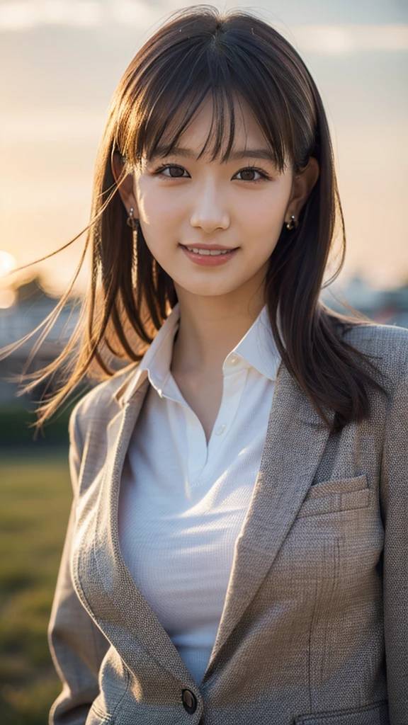 (One Girl), ((Medium Hair,School Blazer Uniform,Looking into the camera,)), (Beautiful Japanese Idol Portrait Photos), (Sunset sky,School building,Schoolyard), (RAW Photos, Best Quality), (Realistic, photo-Realistic:1.4), masterpiece, 8K Portrait, Very delicate and beautiful, 非常にdetailed, 2k wallpaper, wonderful, detailed, 非常にdetailed CG unity 8k wallpaper, 非常にdetailed, High resolution, Soft Light, 美しいdetailedな***, 非常にdetailed eyes and face, Beautiful and sophisticated nose, Beautiful attention to detail, Cinema Lighting, Perfect Anatomy, Slender body, Small breasts, (smile), Dynamic Angle, (Elegant and sophisticated atmosphere)