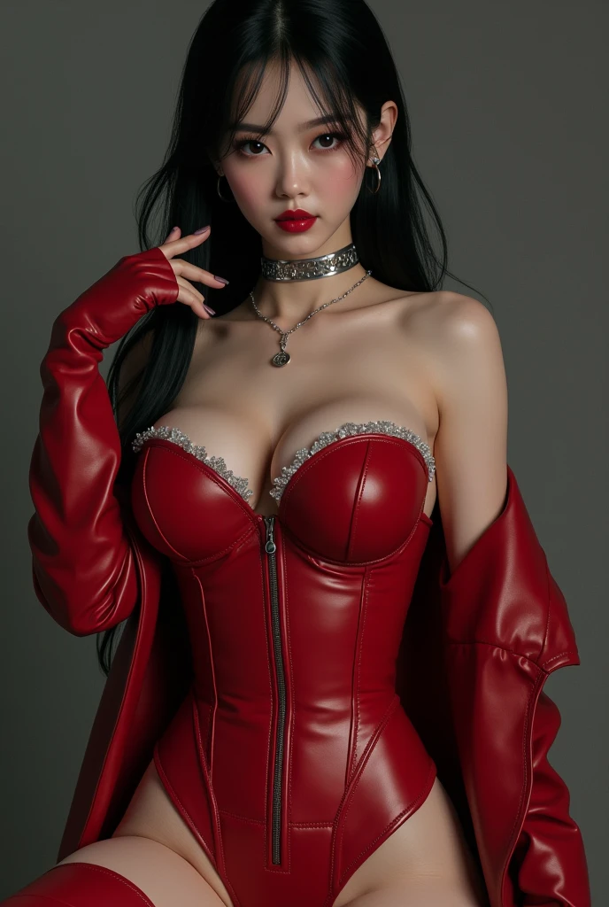 ((best quality)), ((masterpiece)), (detailed), perfect face,red_hair, black_eyes, lips, corset, realistic,skirt,black_stocking,sit on chair, hight_heeled_shoes,30 years old, Asian, blowjob,flash tits