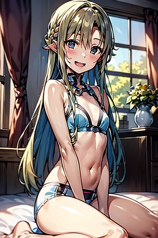 ((Best Quality)), ((masterpiece)), (be familiar with), Perfect Face, indoor, bedroom, Watching the audience,
One woman, Yuuki Asuna,
Open Mouth, Ecstatic expression, blush, smile,
Small breasts, Flat Chest, , , , Girl,
Long Hair, Long Hair,
Leg spread,